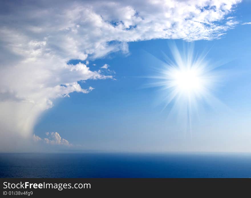 Blue sky with clouds and sun over the sea background. Blue sky with clouds and sun over the sea background