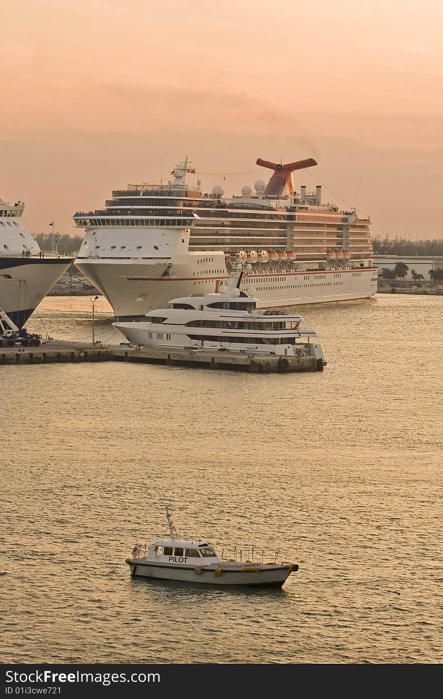 Pilot Boat and Cruise Ships at Dusk