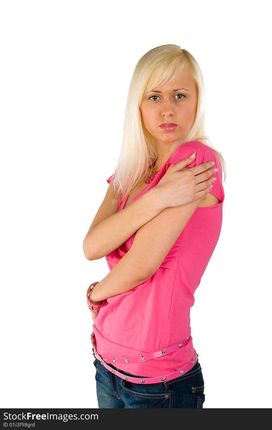 Blonde in a pink blouse and blue jeans