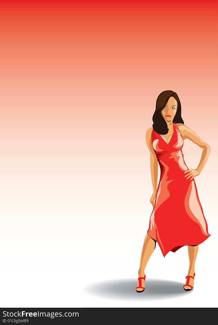 Illustration of girl in red dress. Illustration of girl in red dress