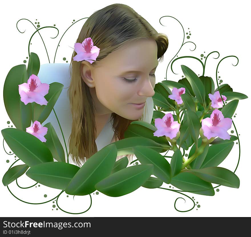 Woman and Flowers - photorealistic illustration as vector