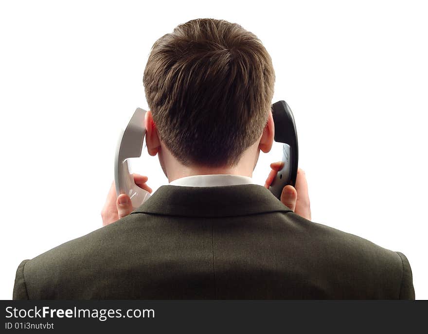 Businessman with two phone tubes isolated over white. Businessman with two phone tubes isolated over white