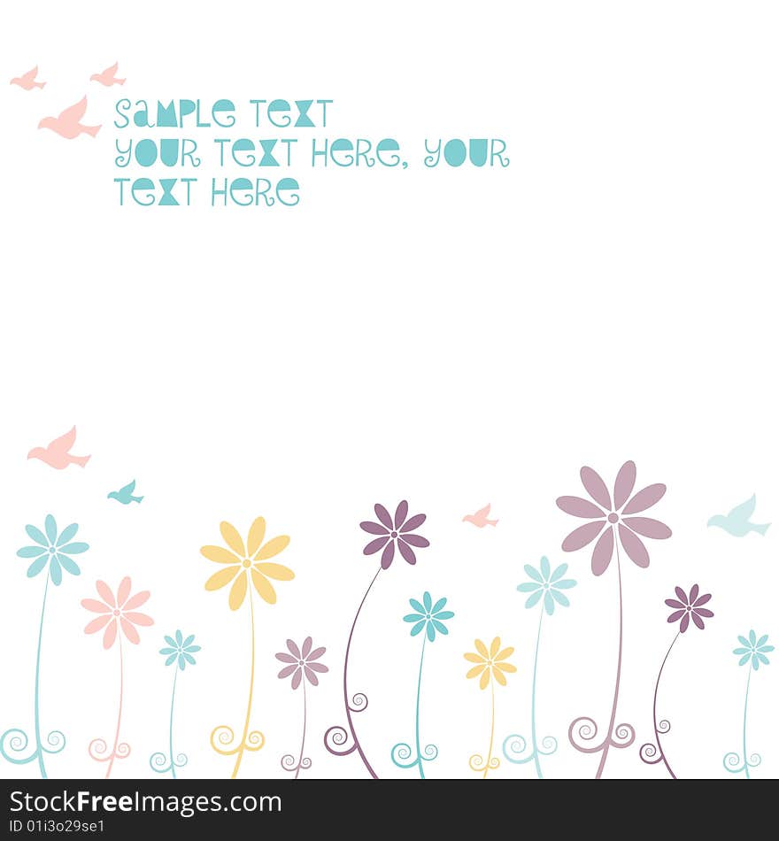 Floral background with text space and birds flying in the sky isolated on white