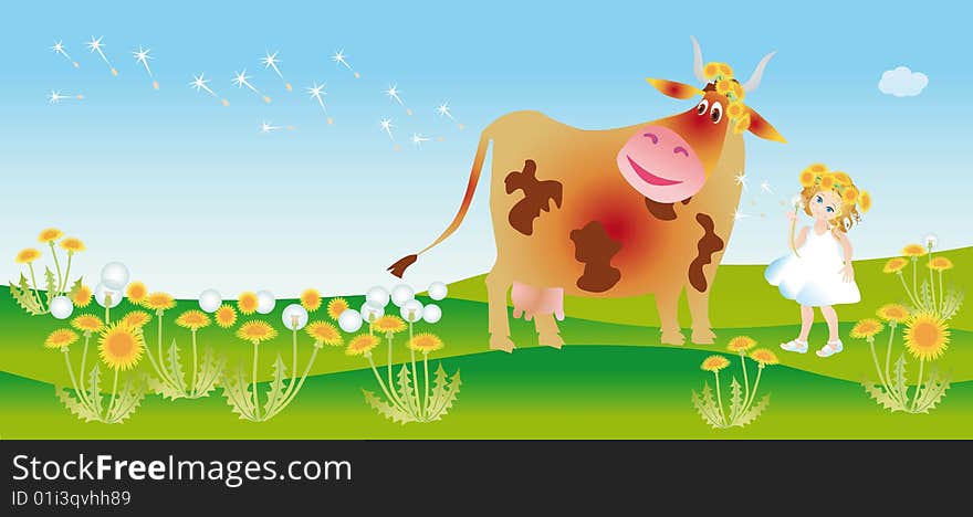 A girl and cow met on to the meadow. A girl and cow met on to the meadow