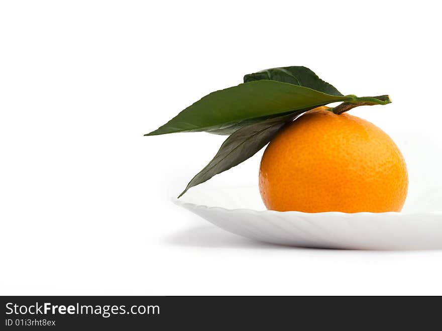 One tangerine with sprig on a white plate. One tangerine with sprig on a white plate