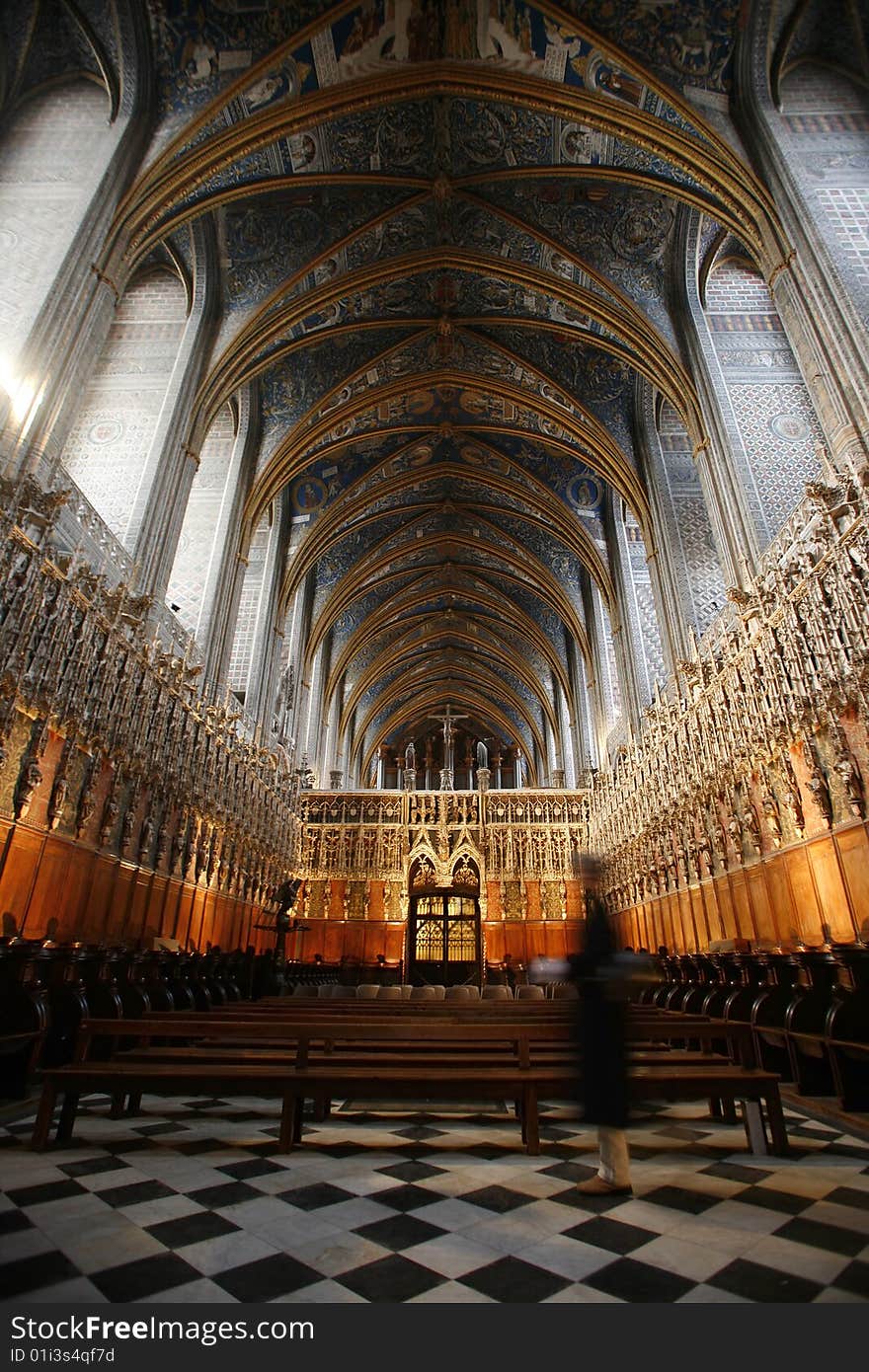 Albi cathedral interior with view of benches and carvings