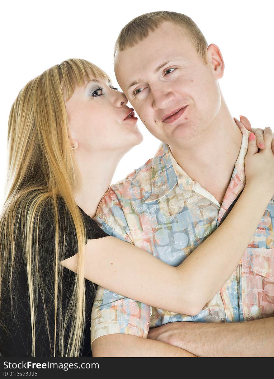 Young couple in love. Isolated on white background