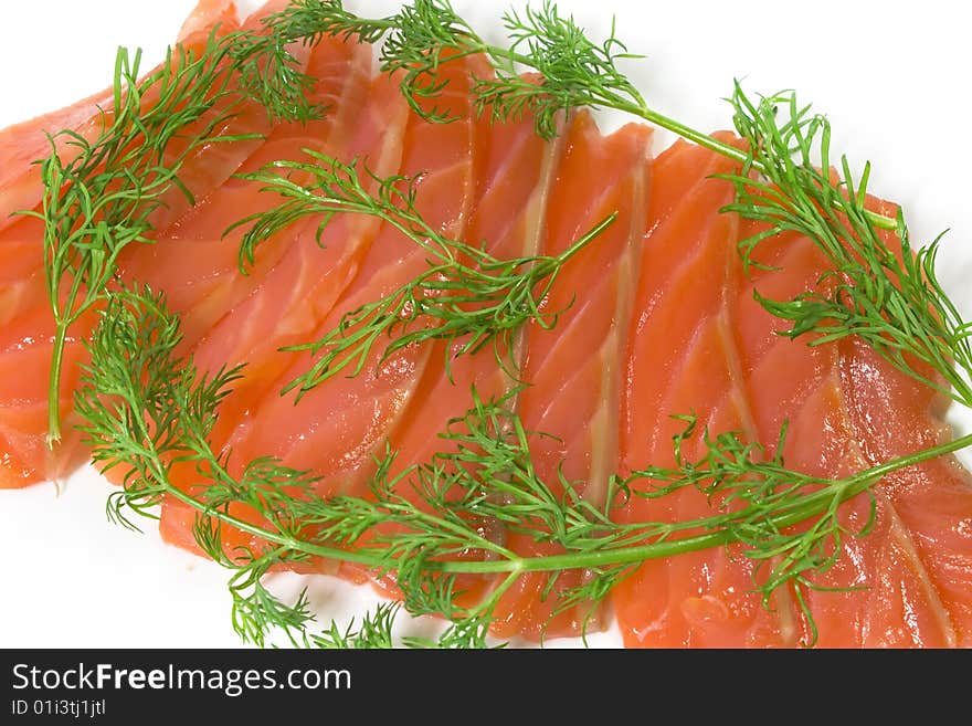 Salmon with fennel, a photo close up on a white background.