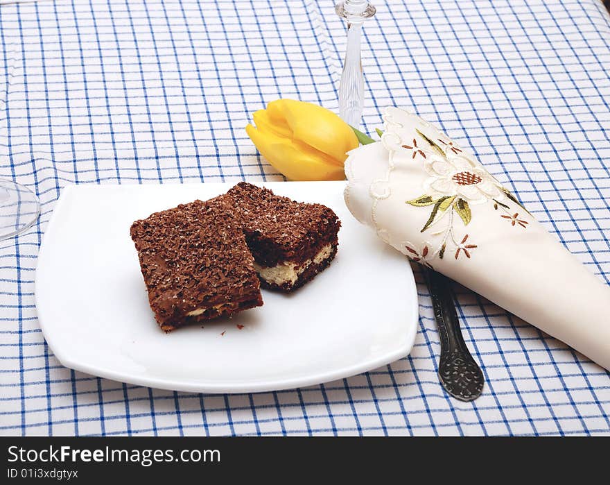 Tasty chocolate cake on plate