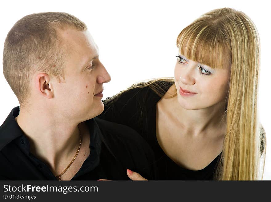 Young couple in love. Isolated on white background