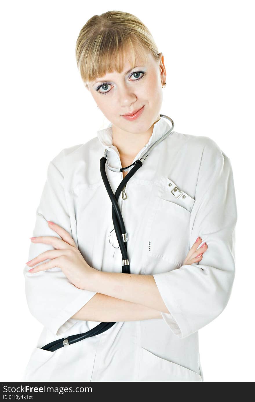 Young female doctor. Isolated on white background