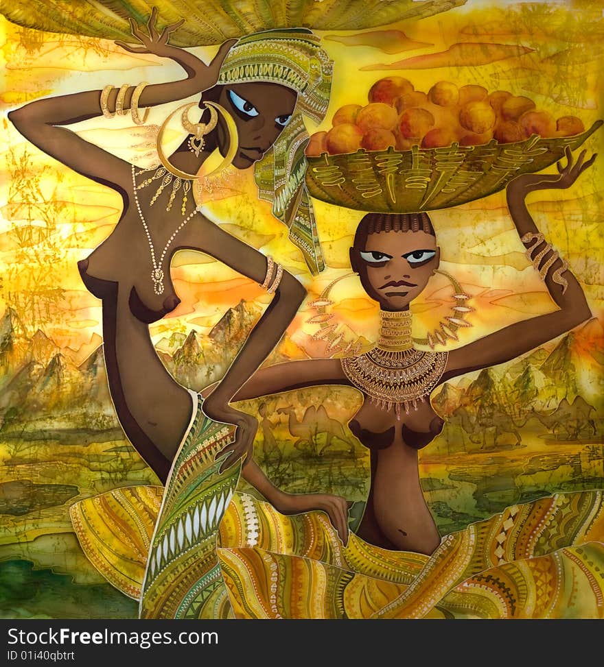 African girl with fruit in baskets