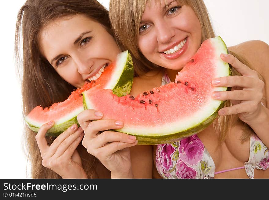 Sexy girls eating watermelon