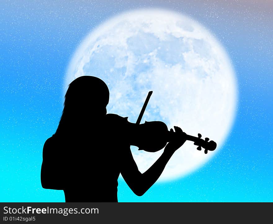 Musician playing violin in the moonlight and in the night. Musician playing violin in the moonlight and in the night