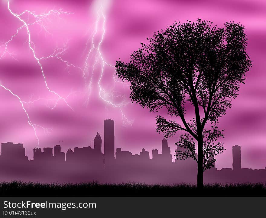 City skyline in the storm and under the lightnings. City skyline in the storm and under the lightnings