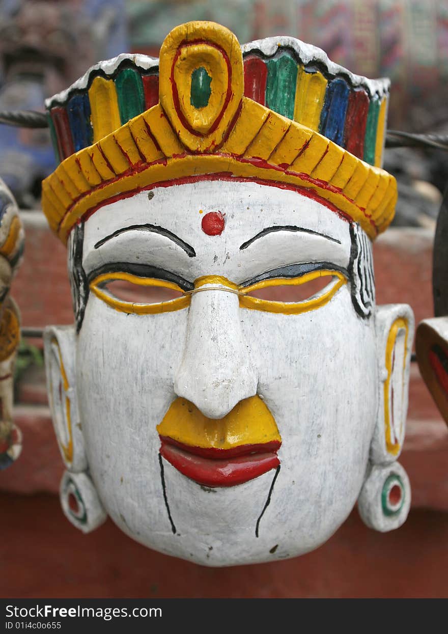 Colourful mask on display in market of Kathmandu, Nepal