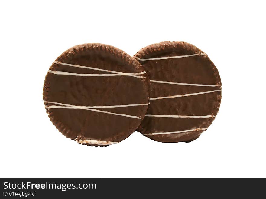 Two chocolate cookies on a white background