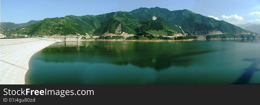 Panoramic view of reservoir in mountain