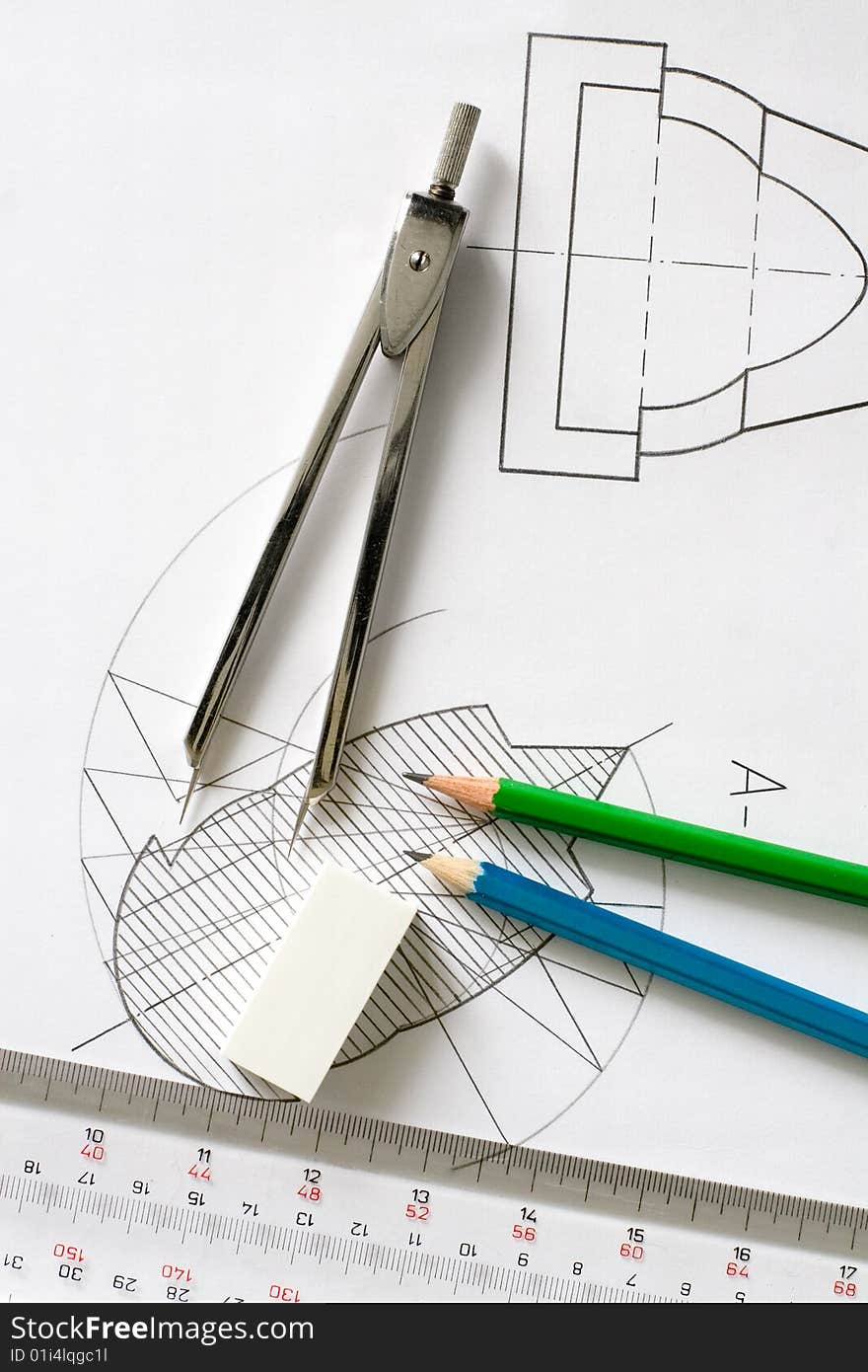 Detailed hand drawn blueprints with pencil ruler and eraser