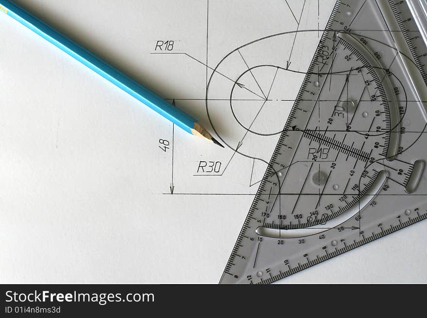 Detailed hand drawed blueprints with pencil ruler. Detailed hand drawed blueprints with pencil ruler