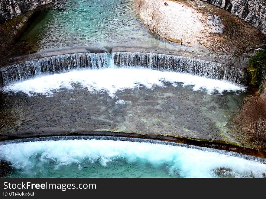 Blue water and waterfalls in the winter season