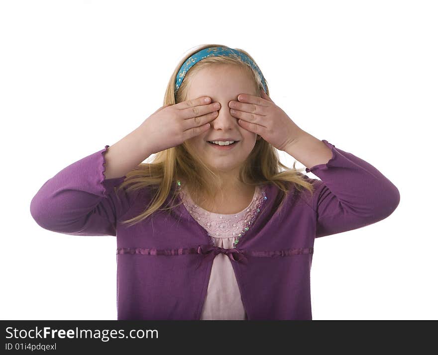 Girl covering eyes isolated on a white background - see no evil