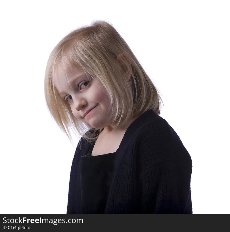 Smug child in black isolated on a white background