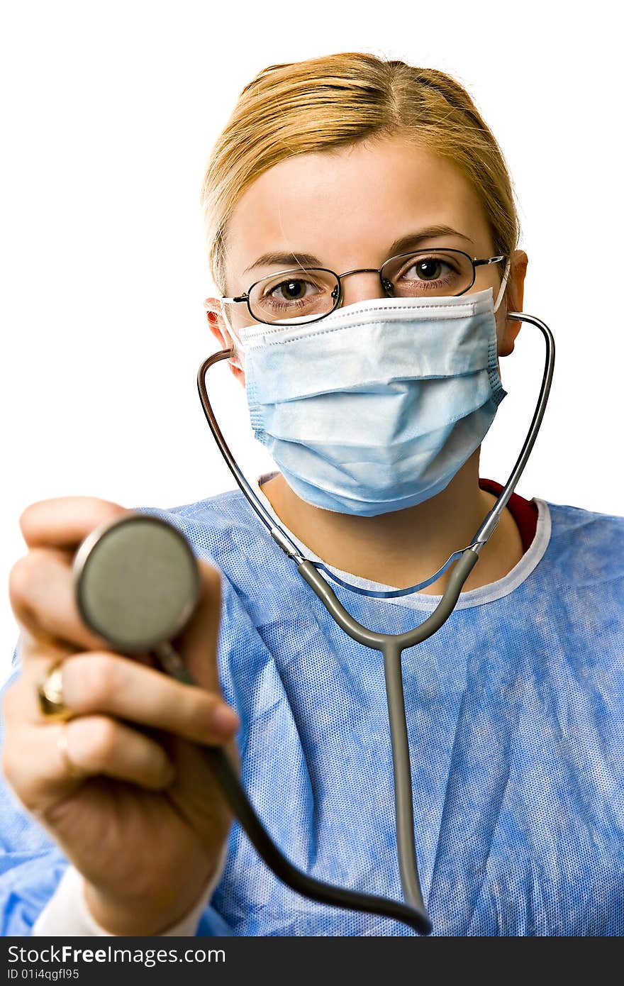 Image of a woman doctor pointing stethoscope at you.