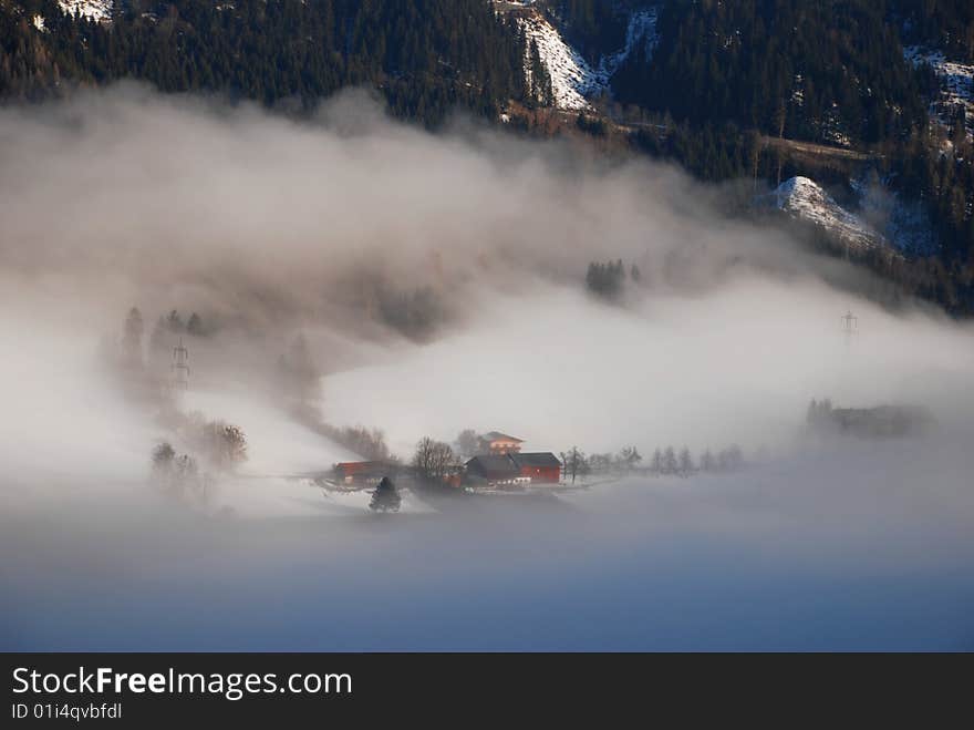 Houses in mist