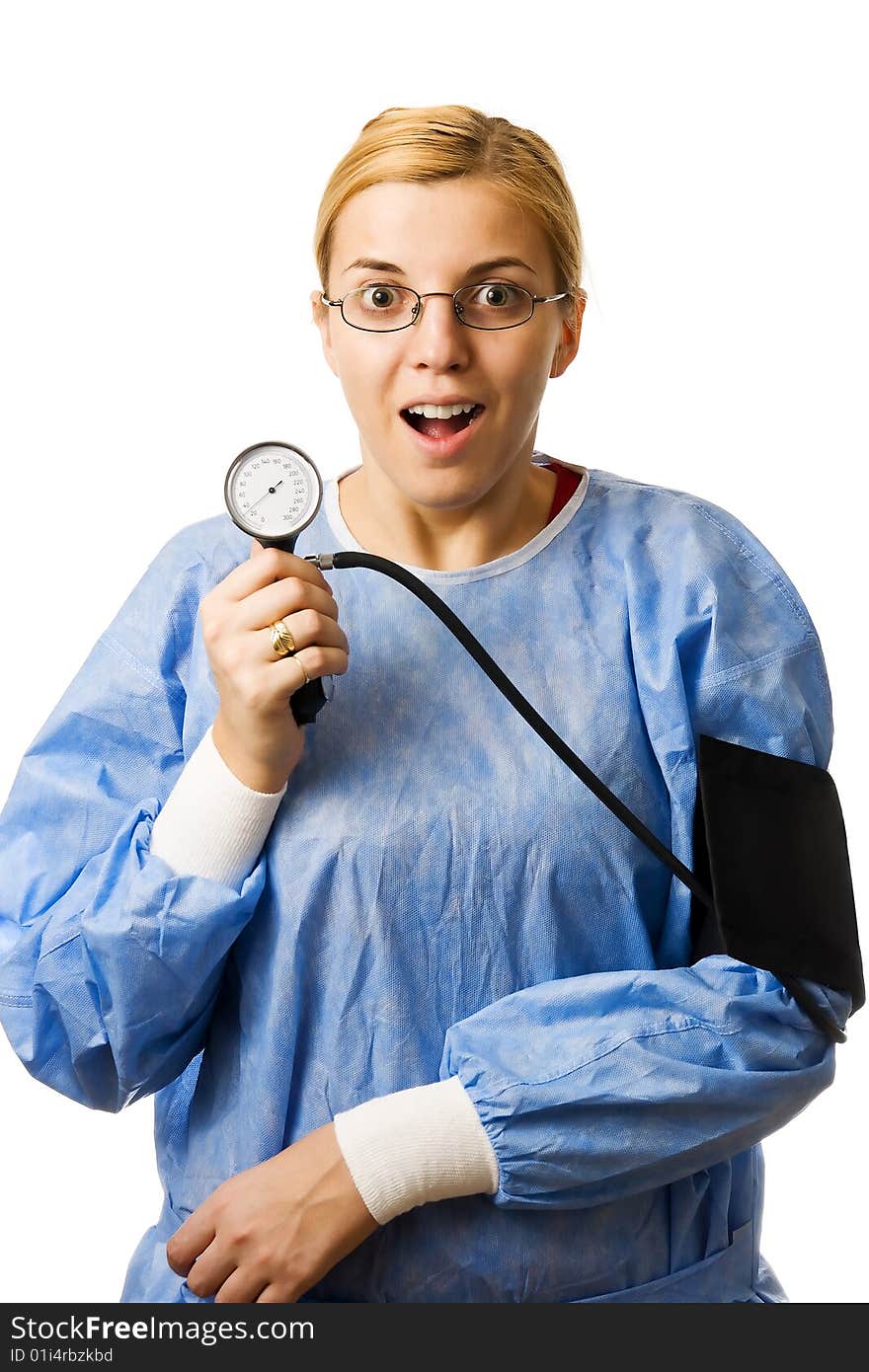 Doctor woman is measuring her blood pressure and is astonished at what she sees.