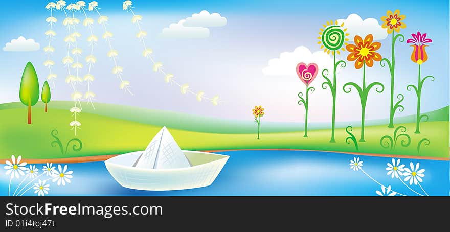 Spring landscape with toy ship.Vector Illustration. Spring landscape with toy ship.Vector Illustration