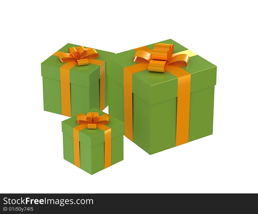 Gift boxes with yellow bows and ribbons isolated on white background