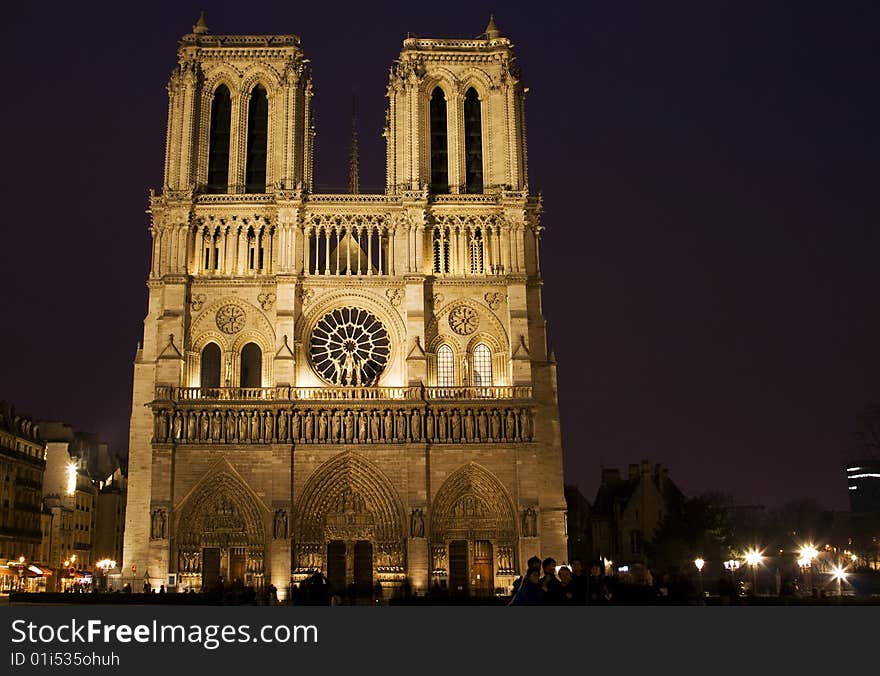 Notre Dame at night in Paris, France