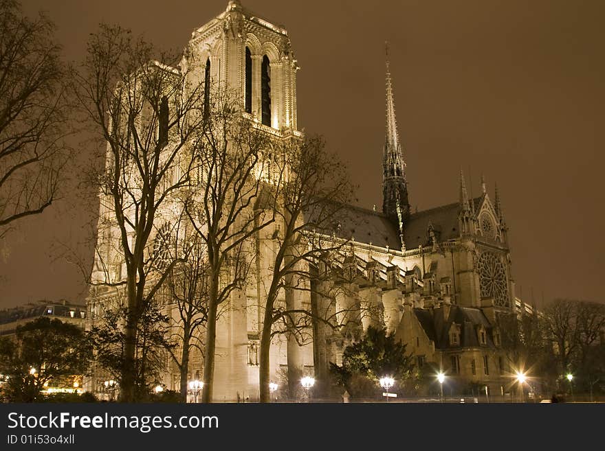 Notre Dame at night in Paris, France