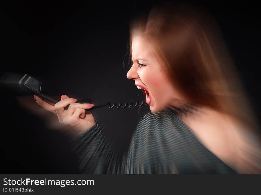 Young beautiful woman with black telephone receiver. Young beautiful woman with black telephone receiver