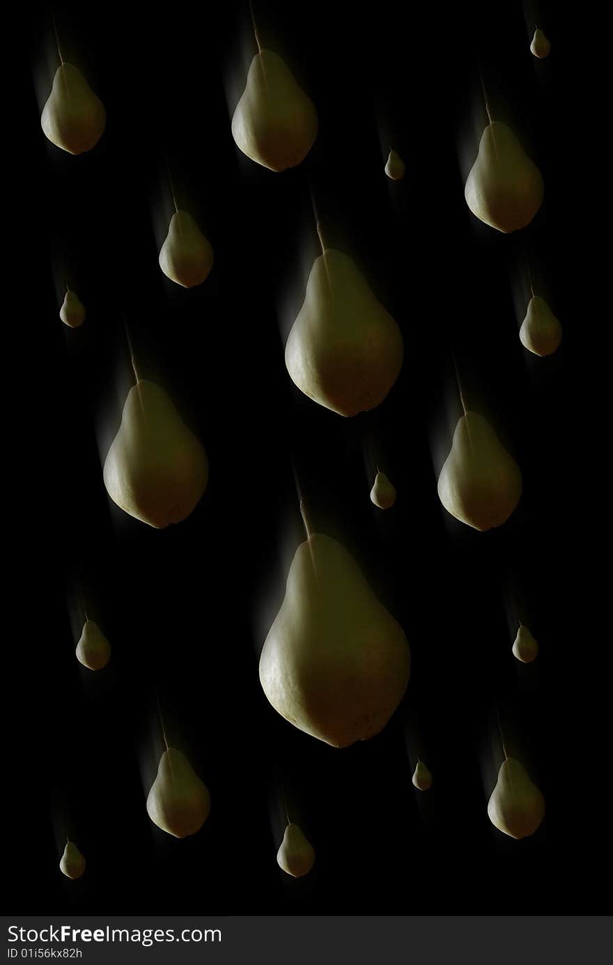 Rain of green ripe pears on black background. Rain of green ripe pears on black background