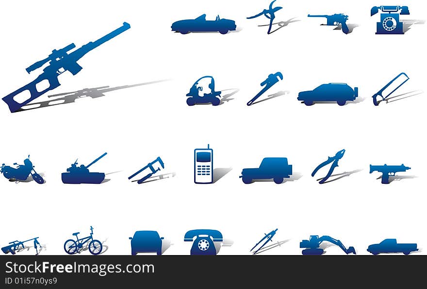 Big set icons - 15A. Machines and technologies.  Vector images with cars, weapon, tools etc. Big set icons - 15A. Machines and technologies.  Vector images with cars, weapon, tools etc.