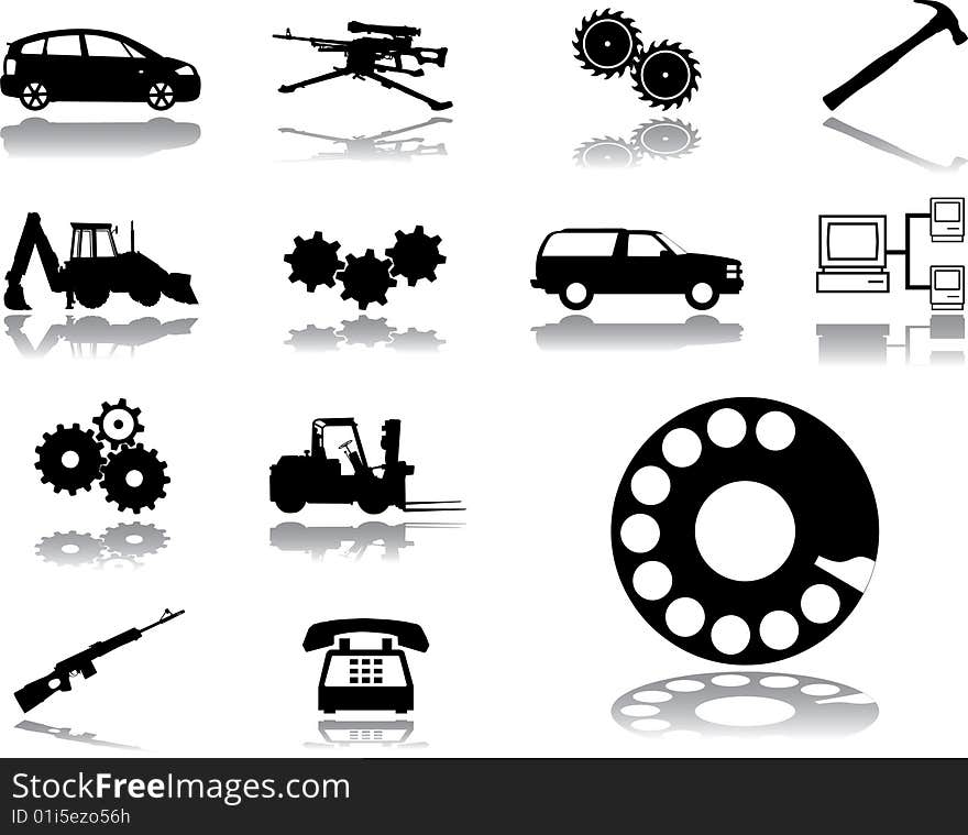 Set icons - 97. Machines and technologies.  Cars, weapon, tools and other for your design