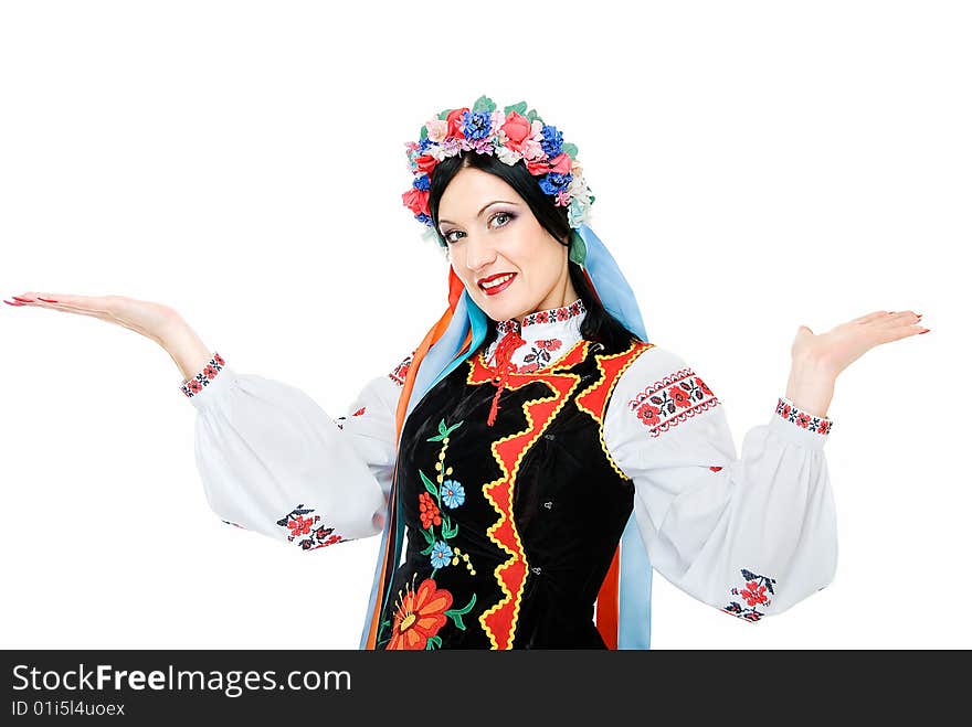 Young smiling ukrainian woman holds palms up. Young smiling ukrainian woman holds palms up