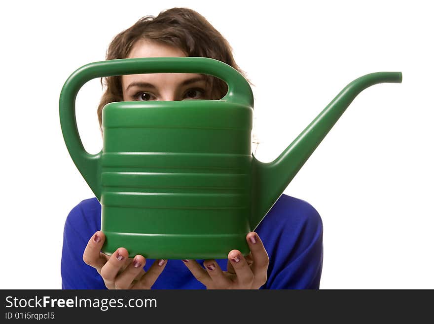 Women with green watering can. Women with green watering can