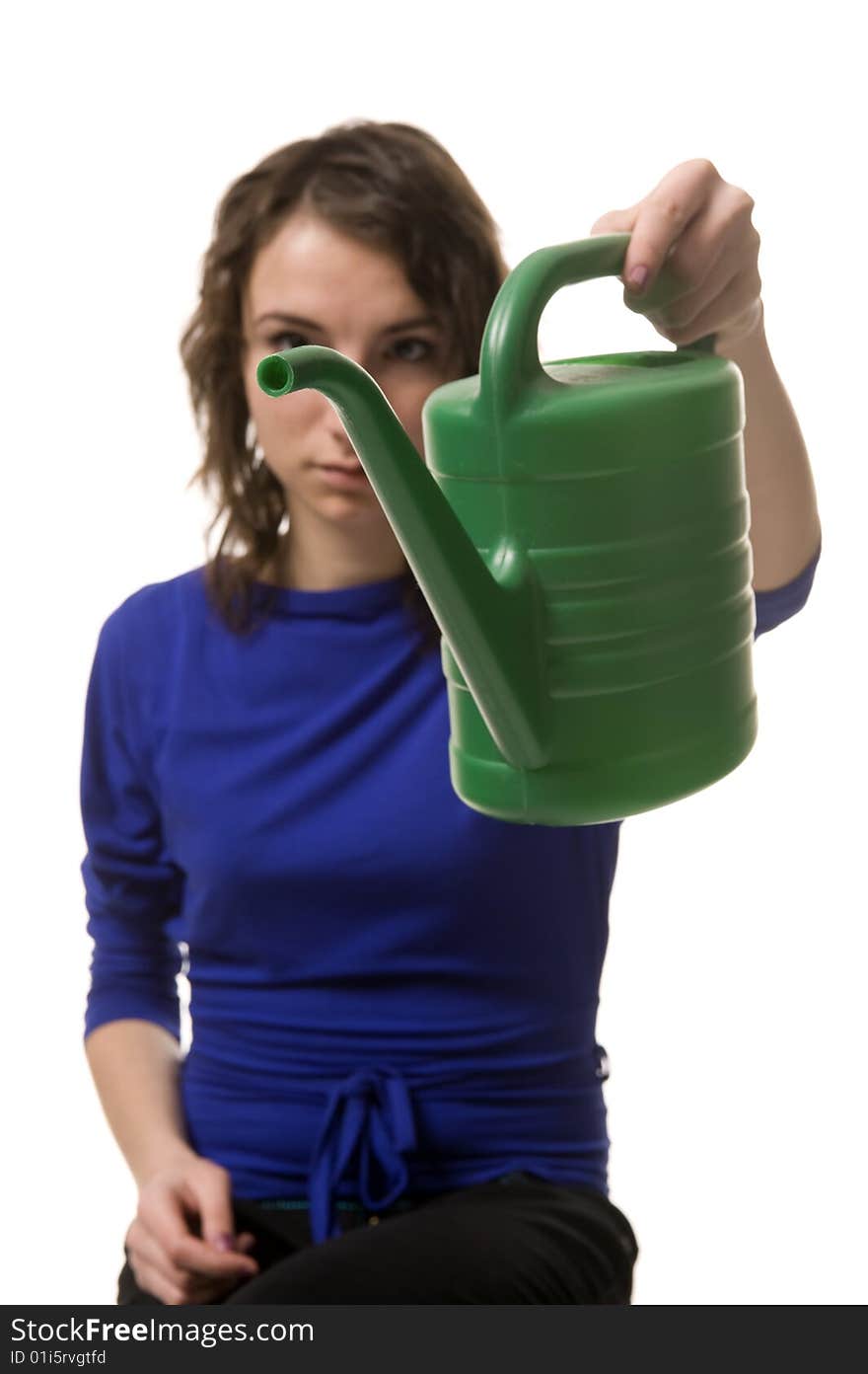 Women with green watering can. Women with green watering can