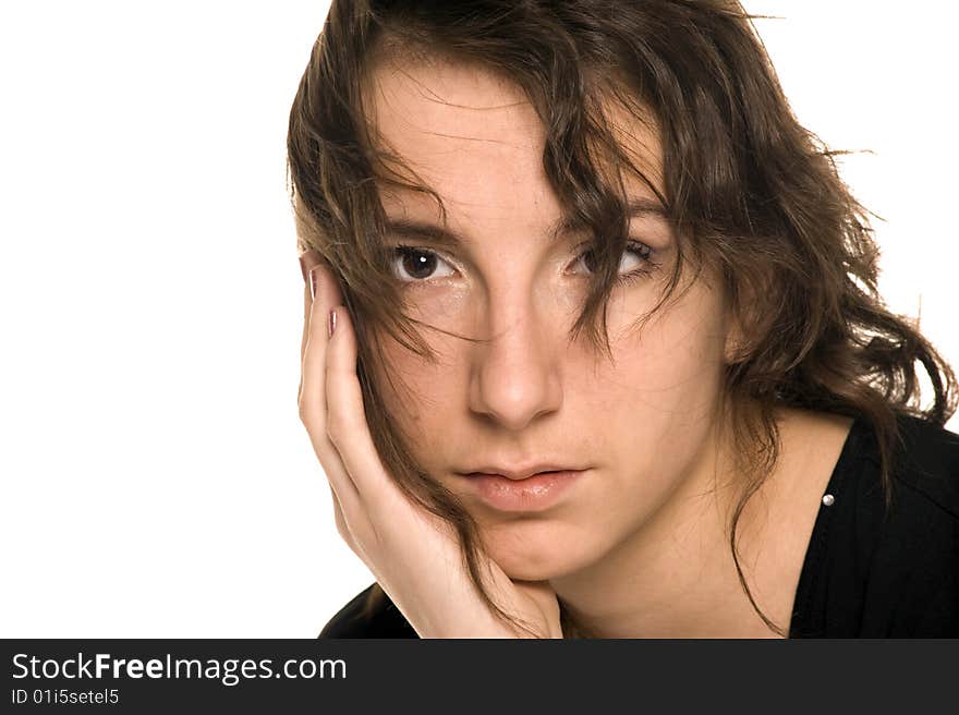 Young woman's portrait from hand near face. Young woman's portrait from hand near face