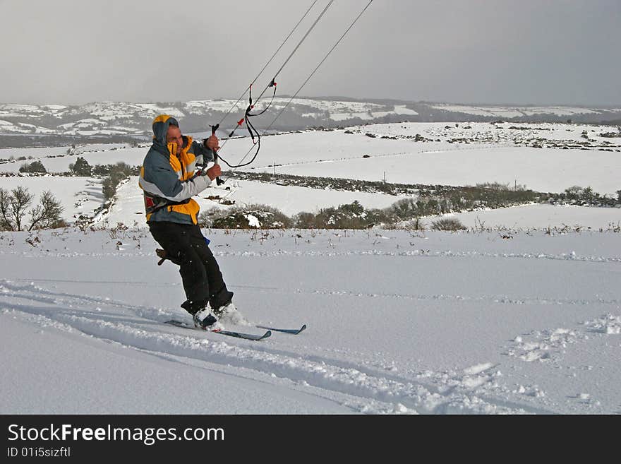 Kite skiing on snow on Dartmoor