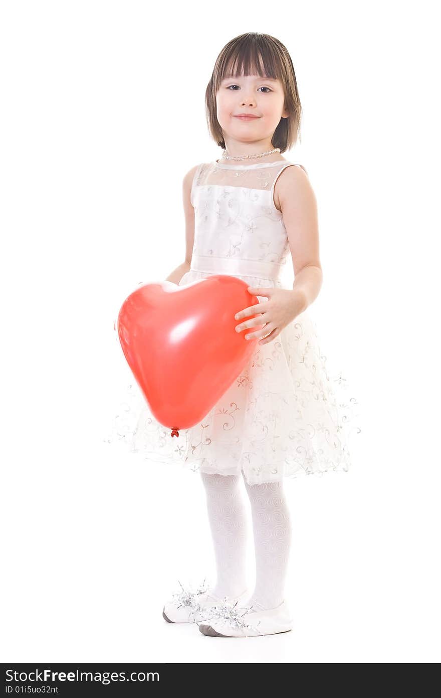 Standing well-dressed little girl with red balloon in hand. Standing well-dressed little girl with red balloon in hand