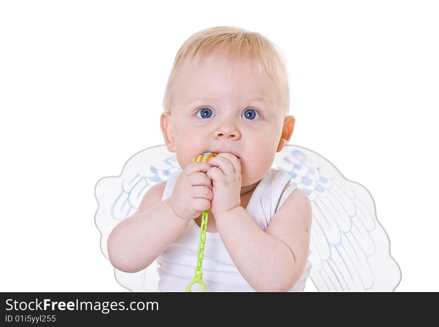 Baby with angel wings on white background