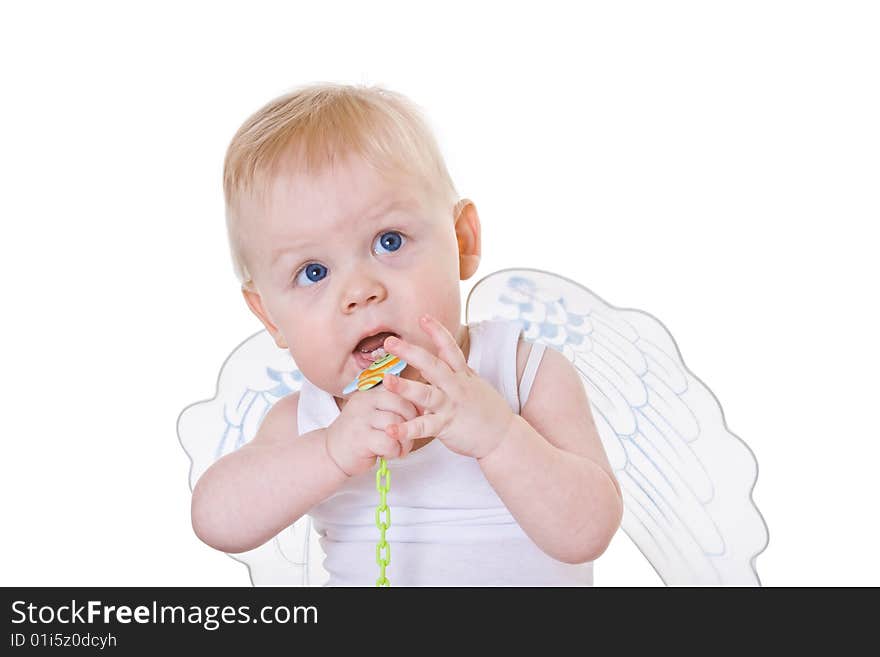 Baby with angel wings on white background