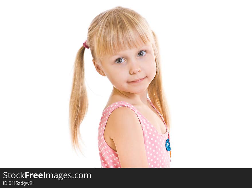 Smiling little girl with ponytail on white background