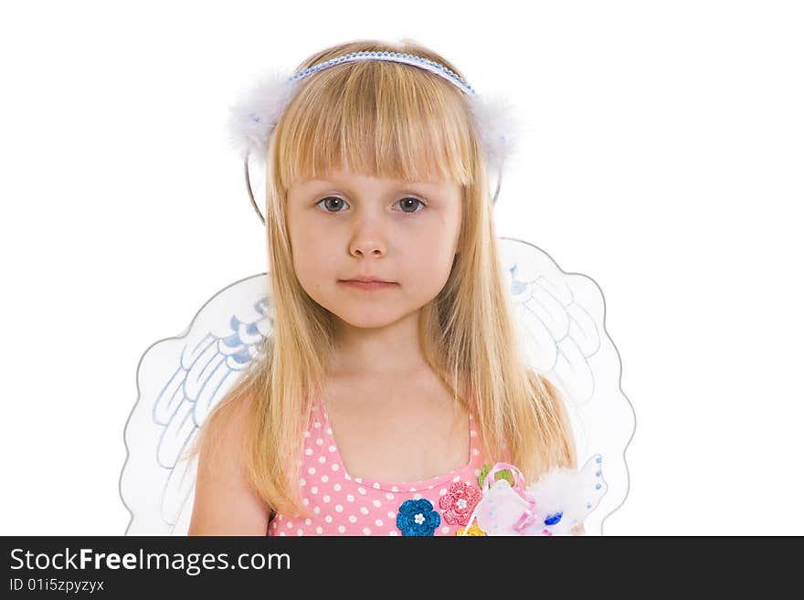 Girl in pink dress and with angel wings on white background