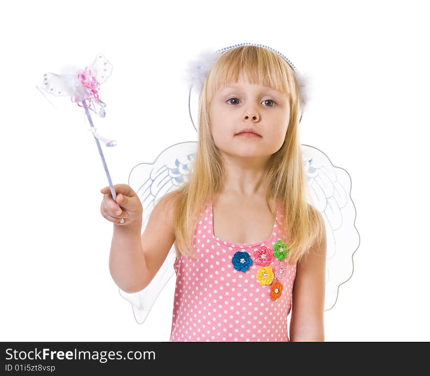 Girl in pink dress and magic wand on white background