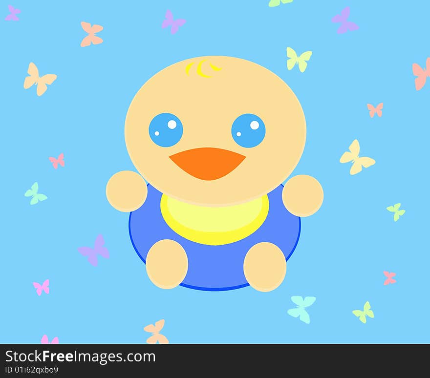 A little cute and round baby smiling happy on a blue background with a lot of multicolor butterflies. Digital drawing. Coloured picture. A little cute and round baby smiling happy on a blue background with a lot of multicolor butterflies. Digital drawing. Coloured picture.